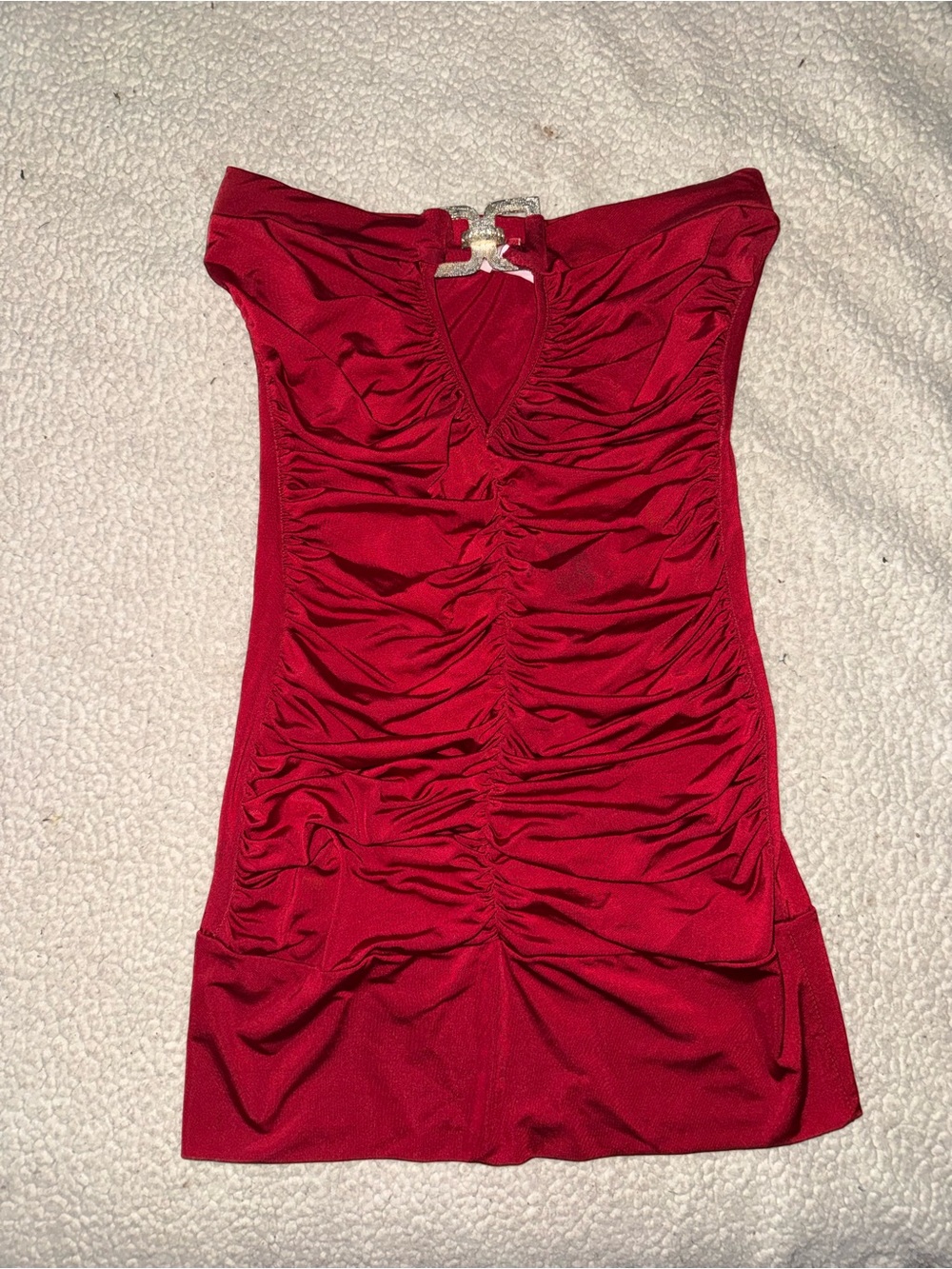 Demore Strapless Gathered Red Mini Dress with Front Detail